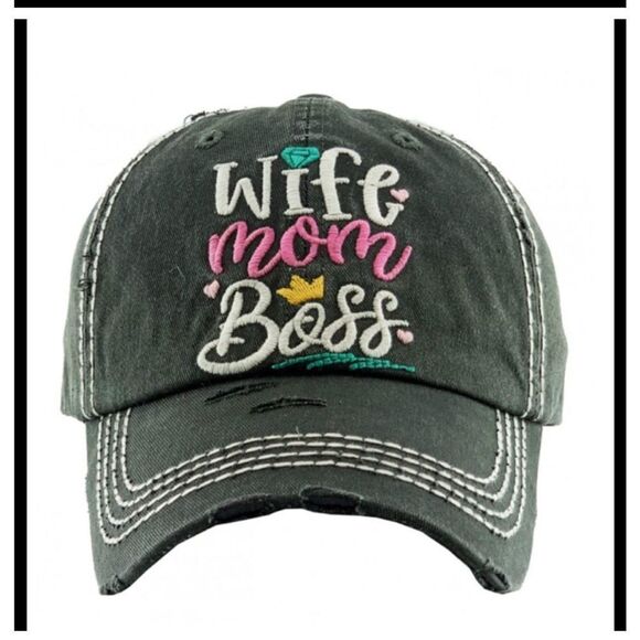 VINTAGE LOOK DISTRESSED WIFE MOM BOSS BASEBALL CAP - Picture 1 of 1
